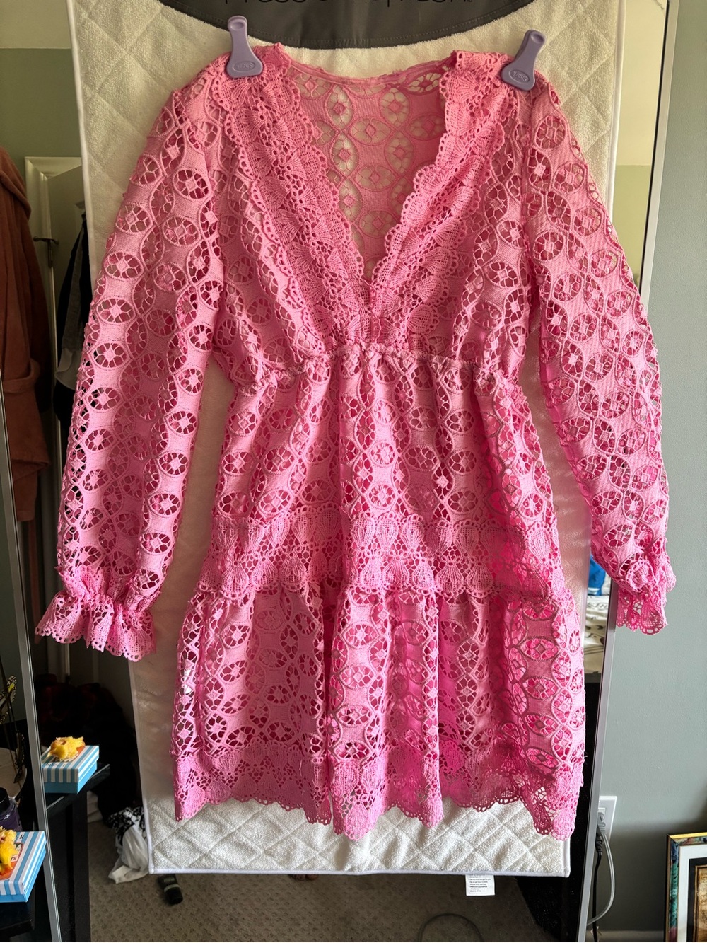 Pink Crochet Lace V-Neck Dress